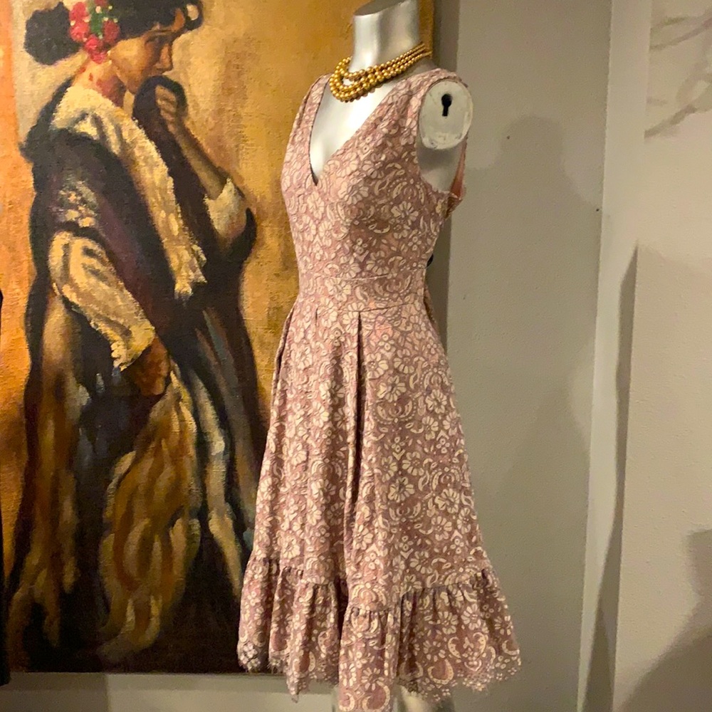 Eliza J. Tan Lace Dress With Pink Lining.  Sz 8